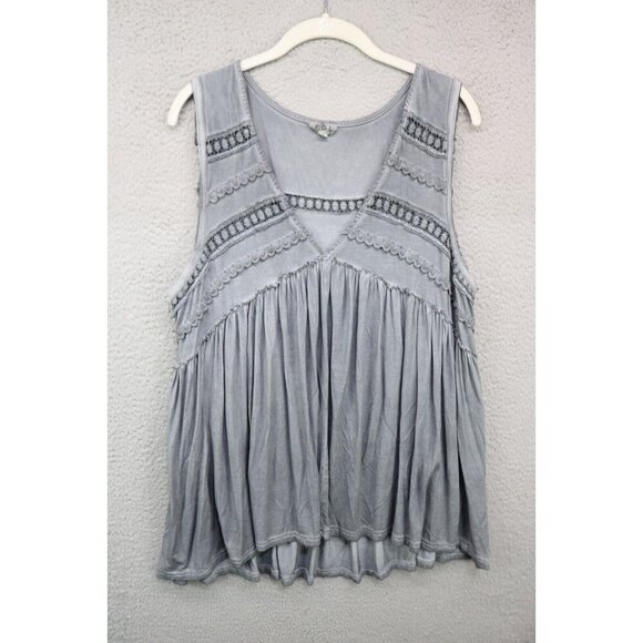 POL Babydoll Sleeveless Gray Distressed Tunic-Crochet-Small-BOHO-Hi Lo - Picture 1 of 10